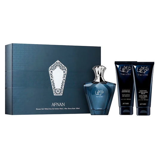 Afnan Turathi Blue For Men EDP Spray 90ml & Shower Gel 100ml & After Shave Balm 100ml – 3 Piezas