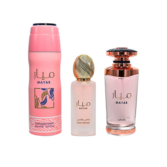 Lattafa Mayar EDP Spray 100ml & Deo Spray 200ml & Fresh Hair Mist – 3 Piezas