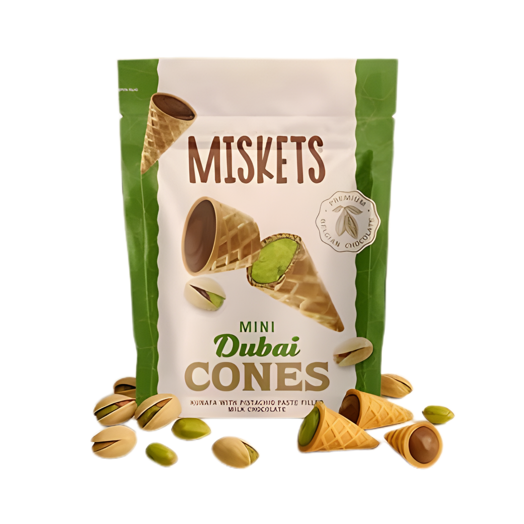 Mini conos Dubai Miskets (chocolate con leche relleno de pasta de pistacho) 50 g 12 piezas/caja