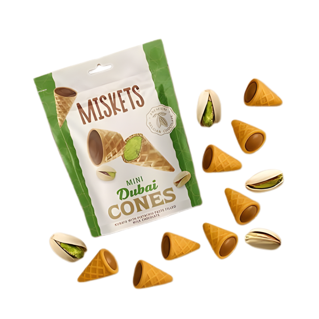 Mini conos Dubai Miskets (chocolate con leche relleno de pasta de pistacho) 50 g 12 piezas/caja