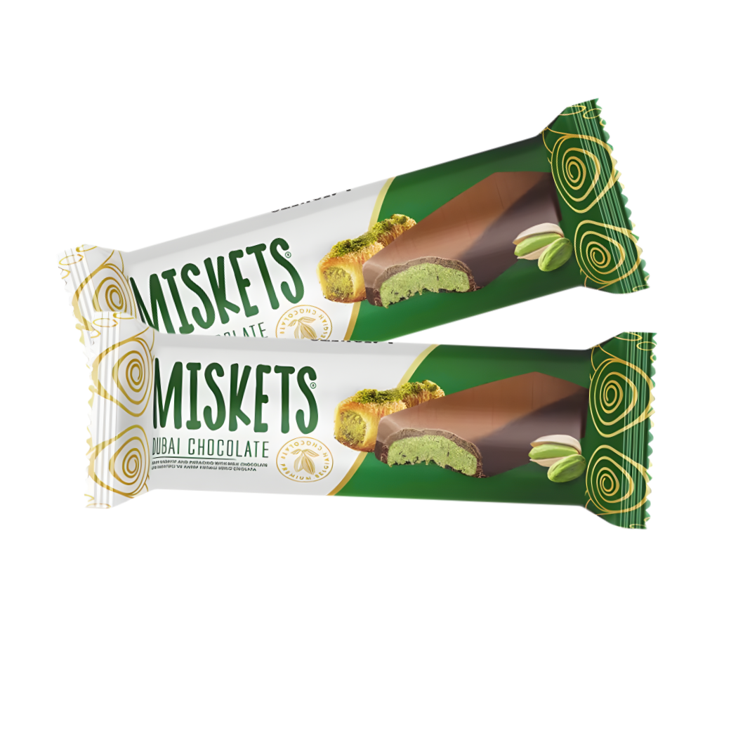 Chocolate Miskets Dubai (Pistacho con Chocolate con Leche) 25 g 144 uds/Caja (24x6)